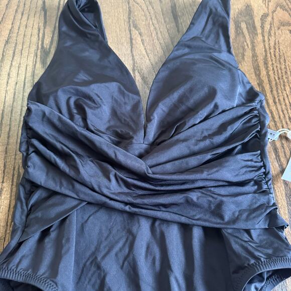 Trina Turk Solid Black Wrap Front Deep V Neck One Piece Swim Suit Size 12 - Picture 3 of 9